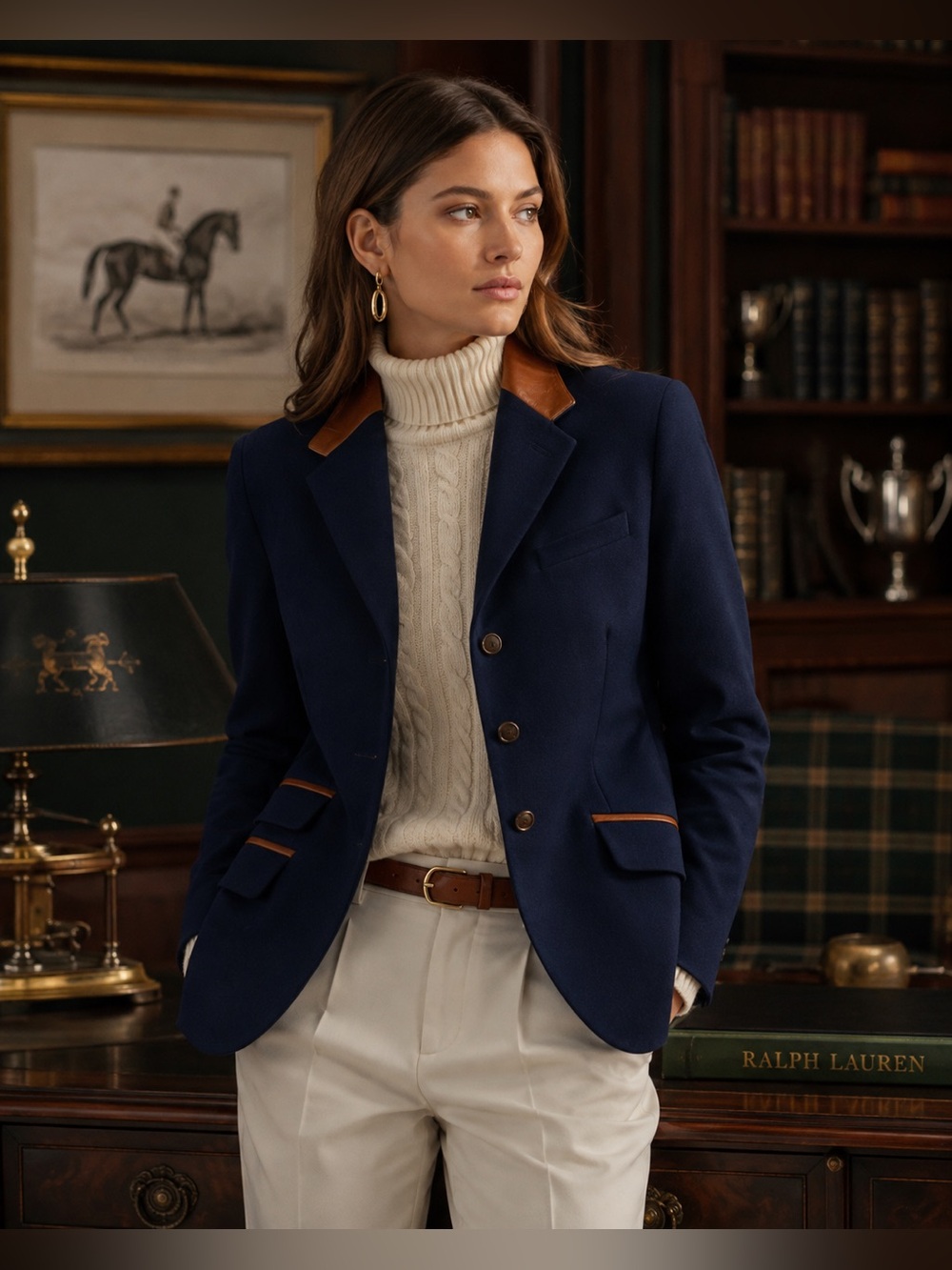 Ralph Lauren Classic Equestrian Leather Detailed Blazer Size M